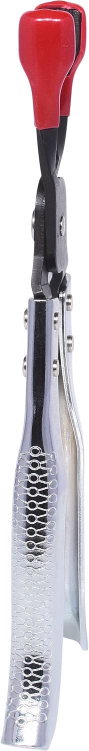 A silver clip with a honeycomb-patterned design and a red handle, possibly a kitchen utensil or accessory.