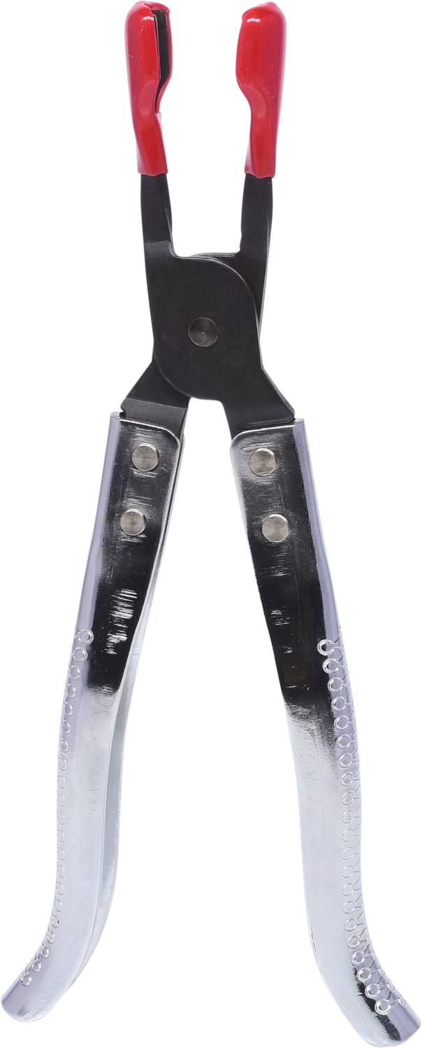 A silver pair of pliers with red handles, positioned against a white background.