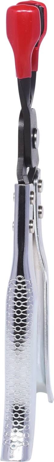A silver hair clipper attachment with a red upper section and black joint, likely designed for a hair clipper or trimmer.