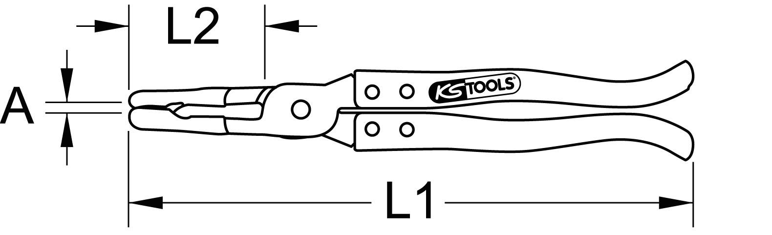 Figure of a pair of pliers with markings for dimensions L1, L2, and A. Dimensions show the length of the handles and the width of the pliers' opening.