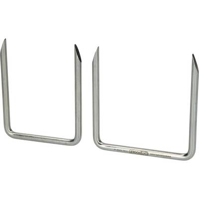 Two U-shaped, metallic wires, shaped like hooks or staples, with sharp ends, on a white background.