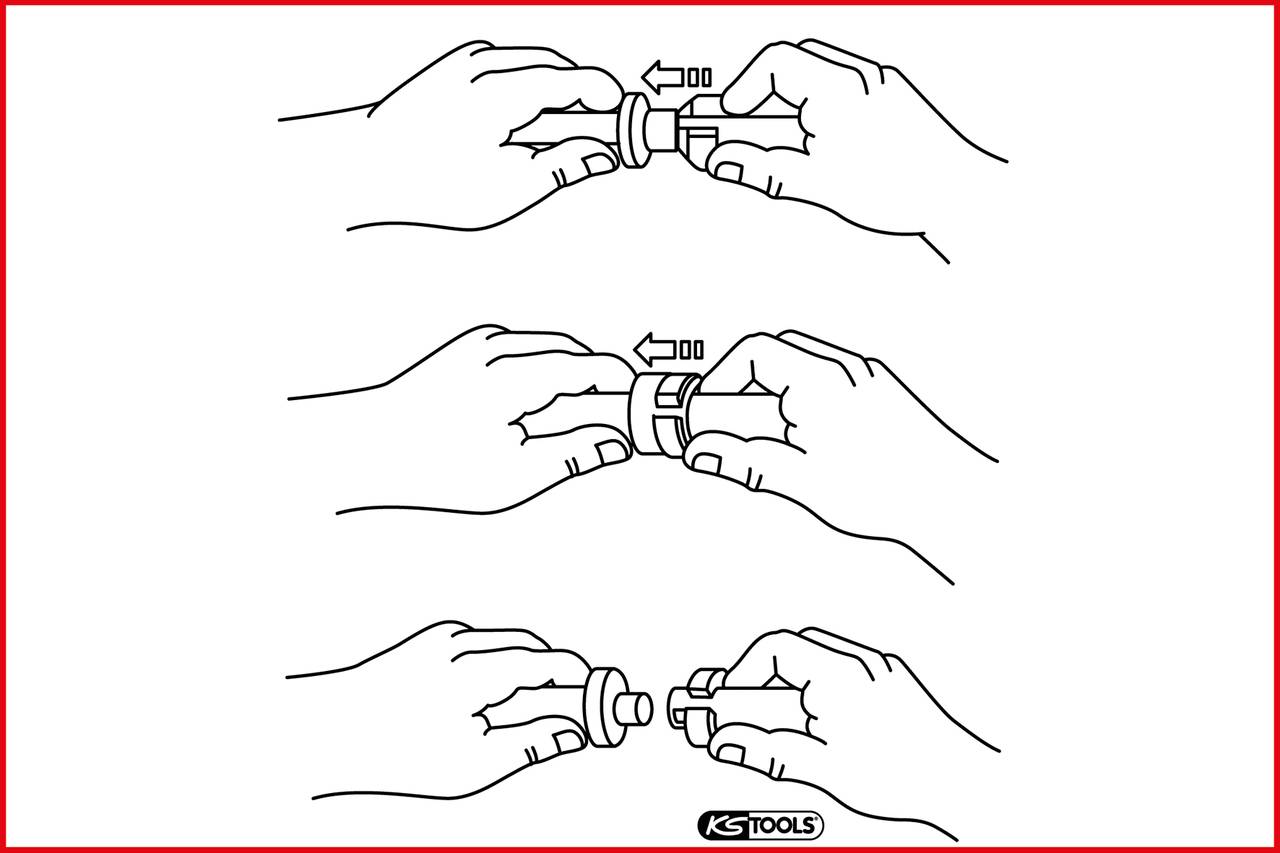 An illustration shows how to connect a pipe connection in three steps by rotating and sliding the coupling parts.