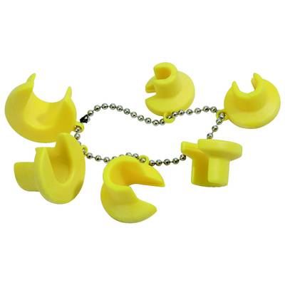 Yellow plastic sheaths in crescent shape, connected by a ball chain.