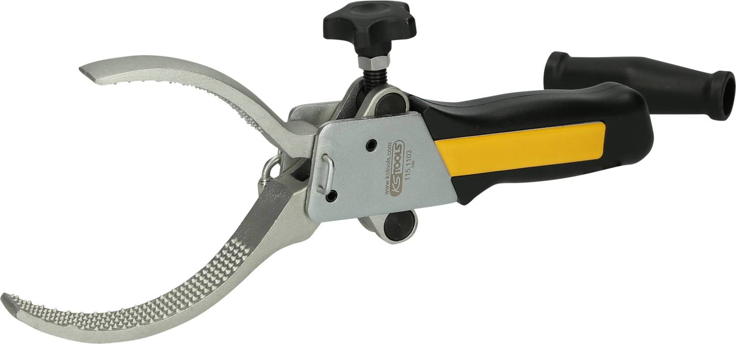 A silver and black pair of pliers with a yellow handle and a rotatable knob on top. They are used for handling tube connections.