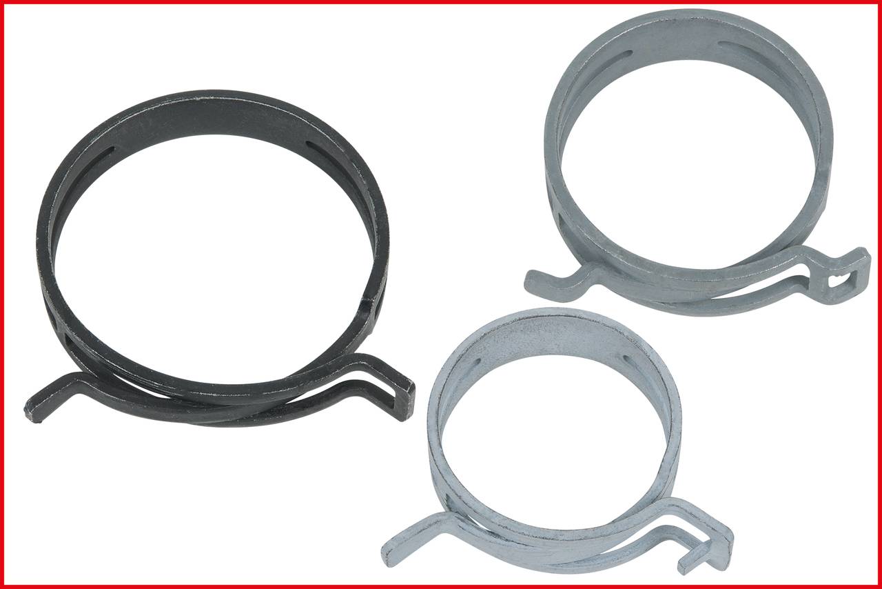 Three hose clamps of different sizes on a white background. One black and two grey clamps.