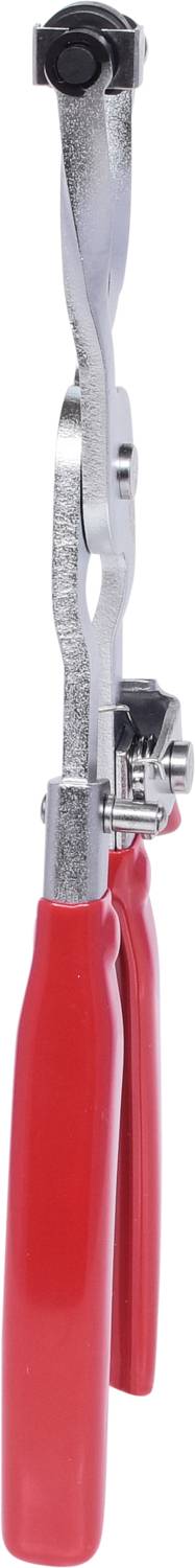 Red film pliers with metal mechanism, for use in packaging or craft work.