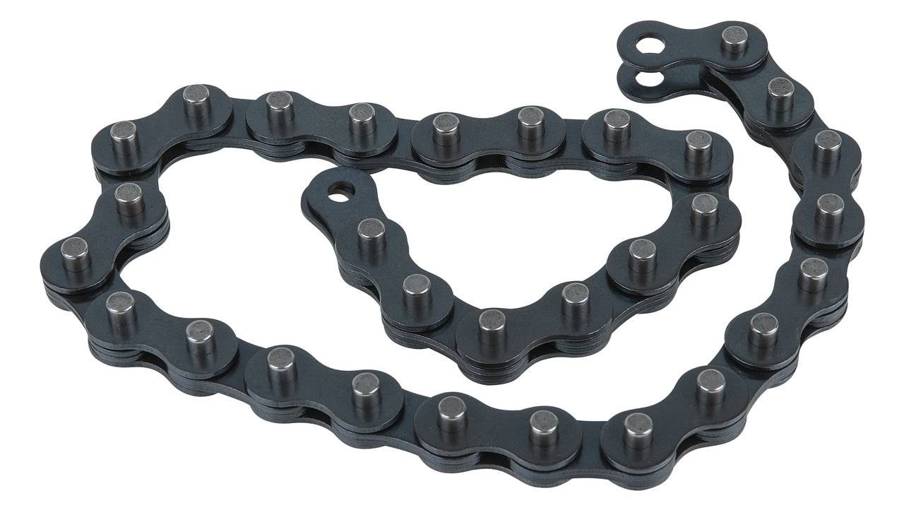 A metal chain, stretched out and slightly twisted, against a white background. The chain links are uniform and galvanised.