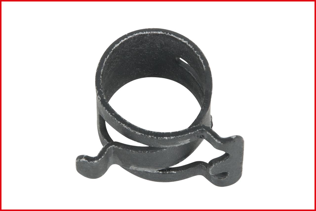 Black and grey metal hose clamp with spring mechanism, against a white background. It is used for securing hoses.