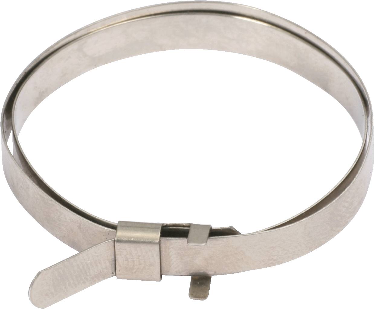 Metal cable tie with a smooth-looking surface and locking mechanism.