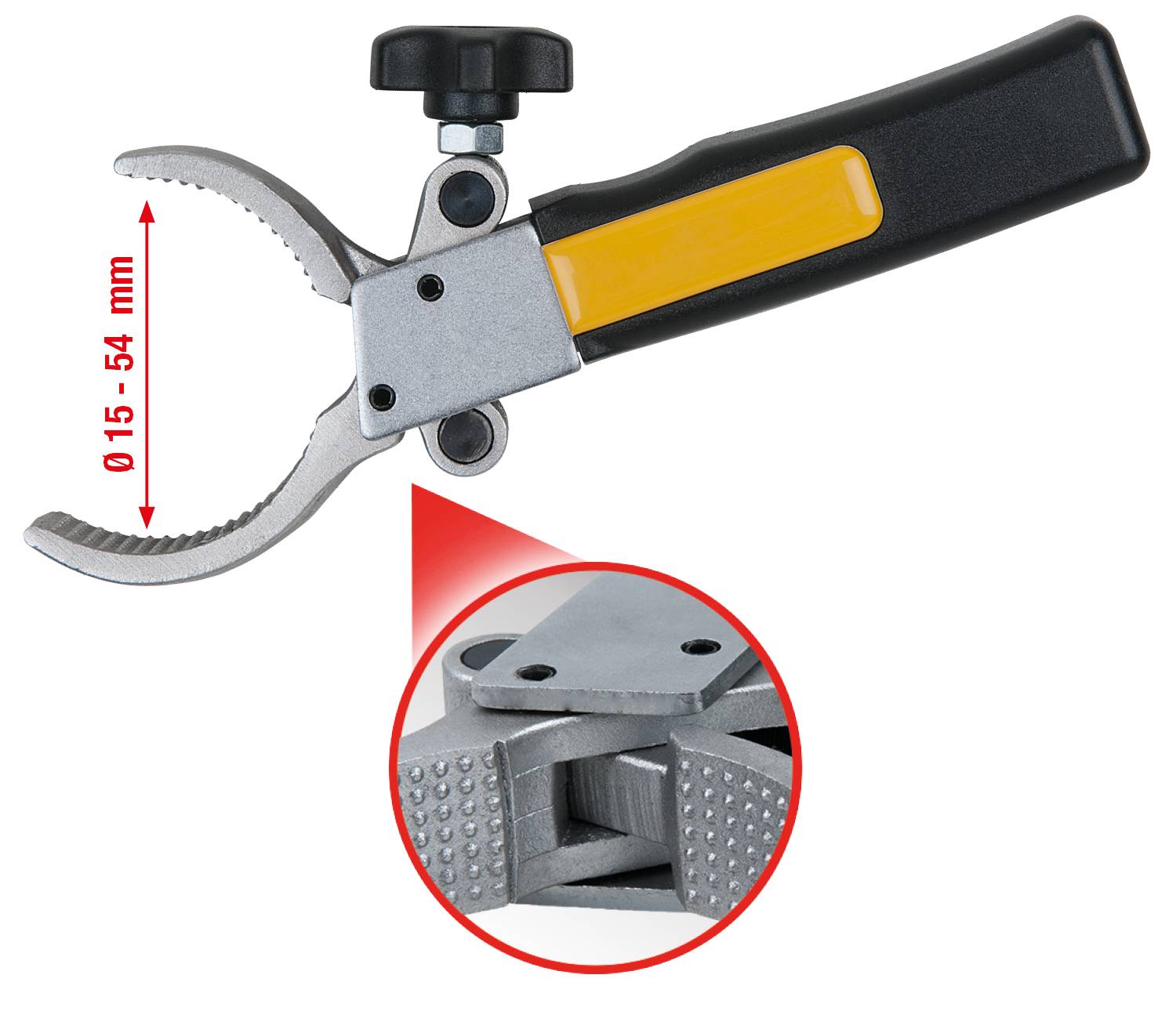 Tool for gripping round objects, with adjustable span ranging from 15 to 54 mm. Close-up shows gripping teeth.