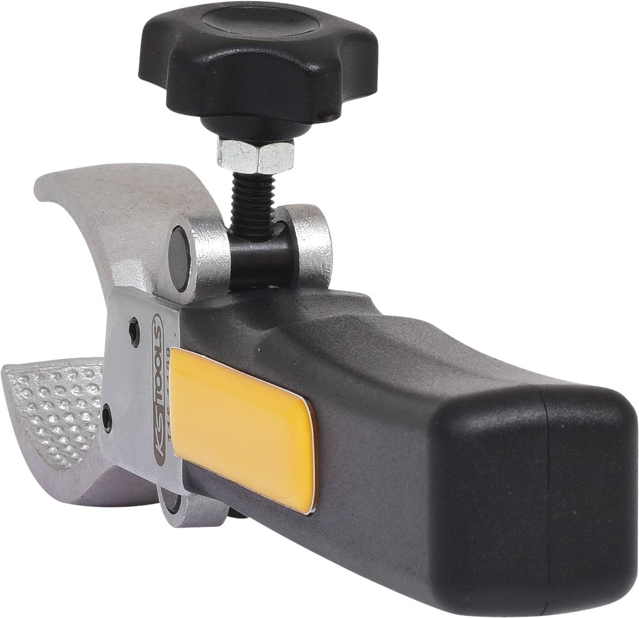 Tool with a black handle and yellow detail, used for clamping or securing materials.