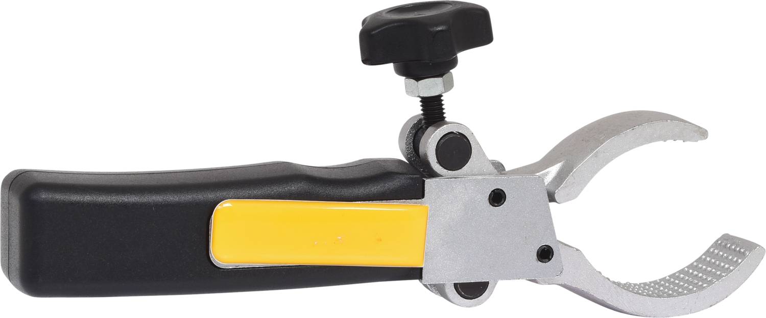 Handheld tool with a black handle and silver, adjustable jaw mechanism, used for gripping or cutting objects.