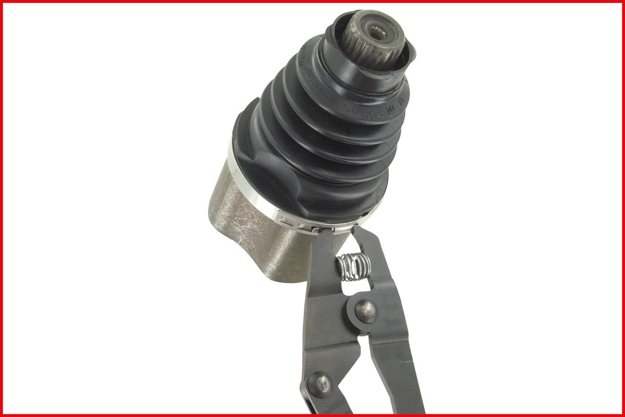 A cuff plier is used to secure a metal sleeve over a car axle joint.