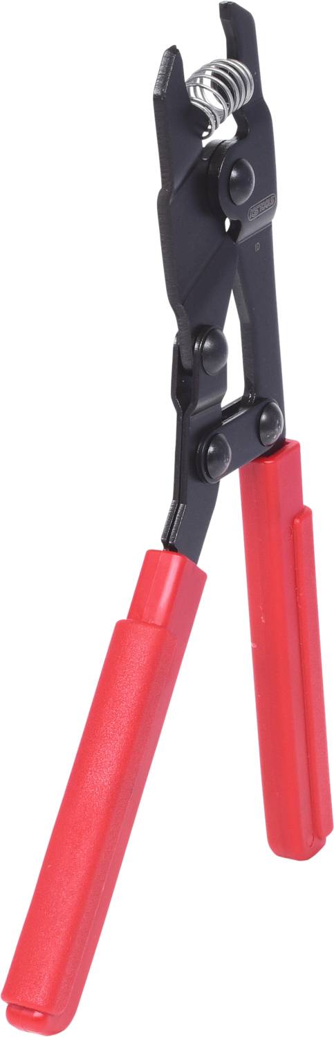 A pair of pliers with red handles, used for holding or cutting objects. The pliers are partially open.