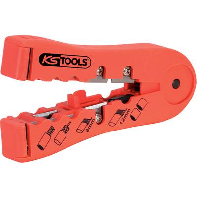 Red cable stripping tool by KS Tools with symbols indicating different cable diameters such as 6mm and 12mm.