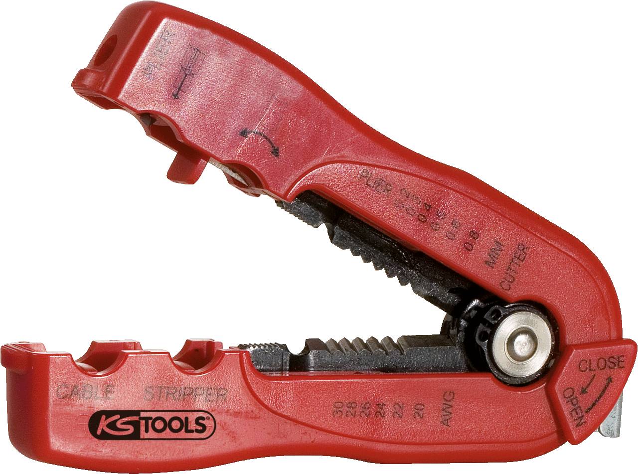 Red cable stripper with cutting mechanism, open to view the inside, suitable for various cable diameters.