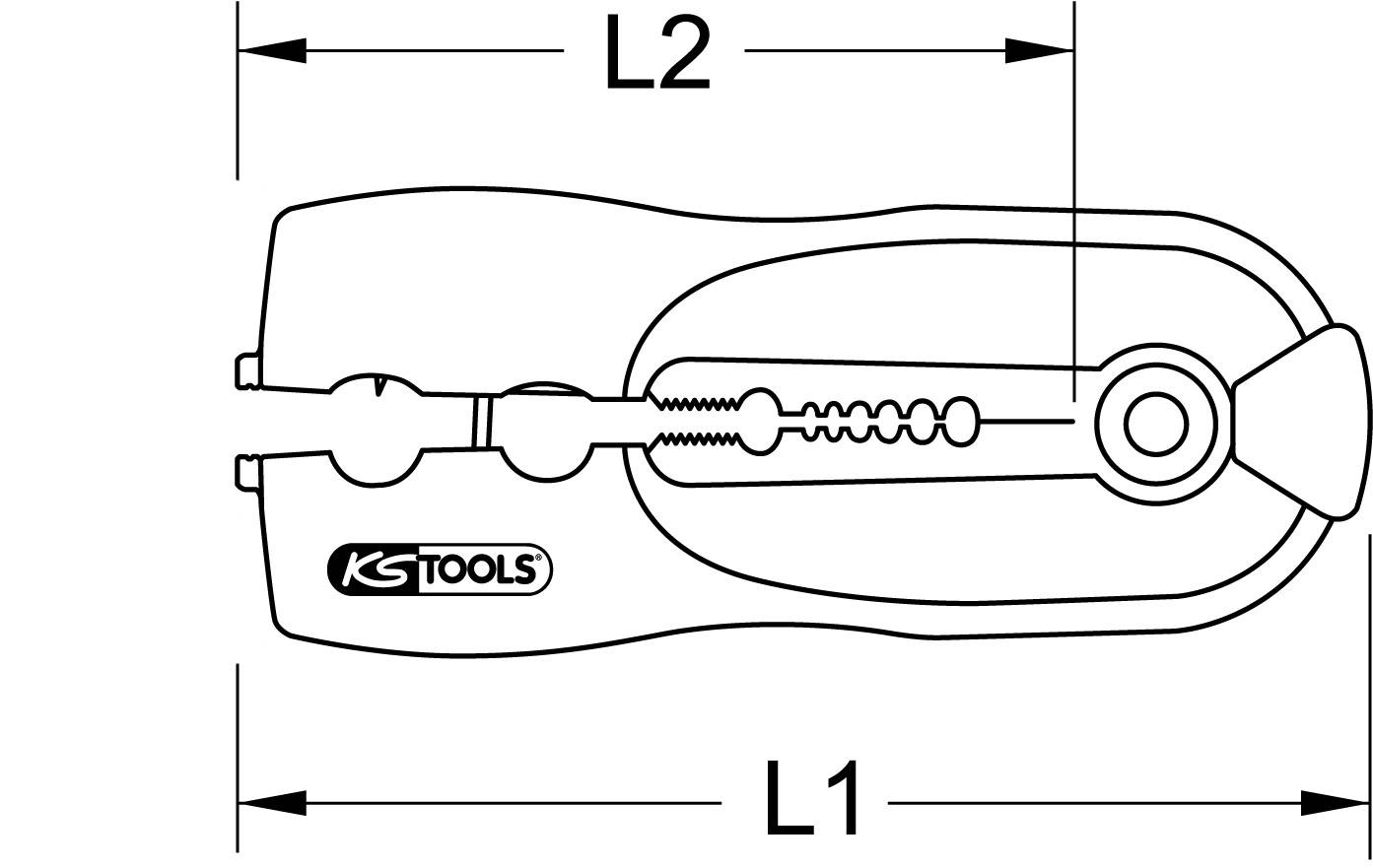 'Diagram of a device with dimensional specifications L1 and L2. Device has two levers and a central hinge. Logo reading "KS TOOLS".'