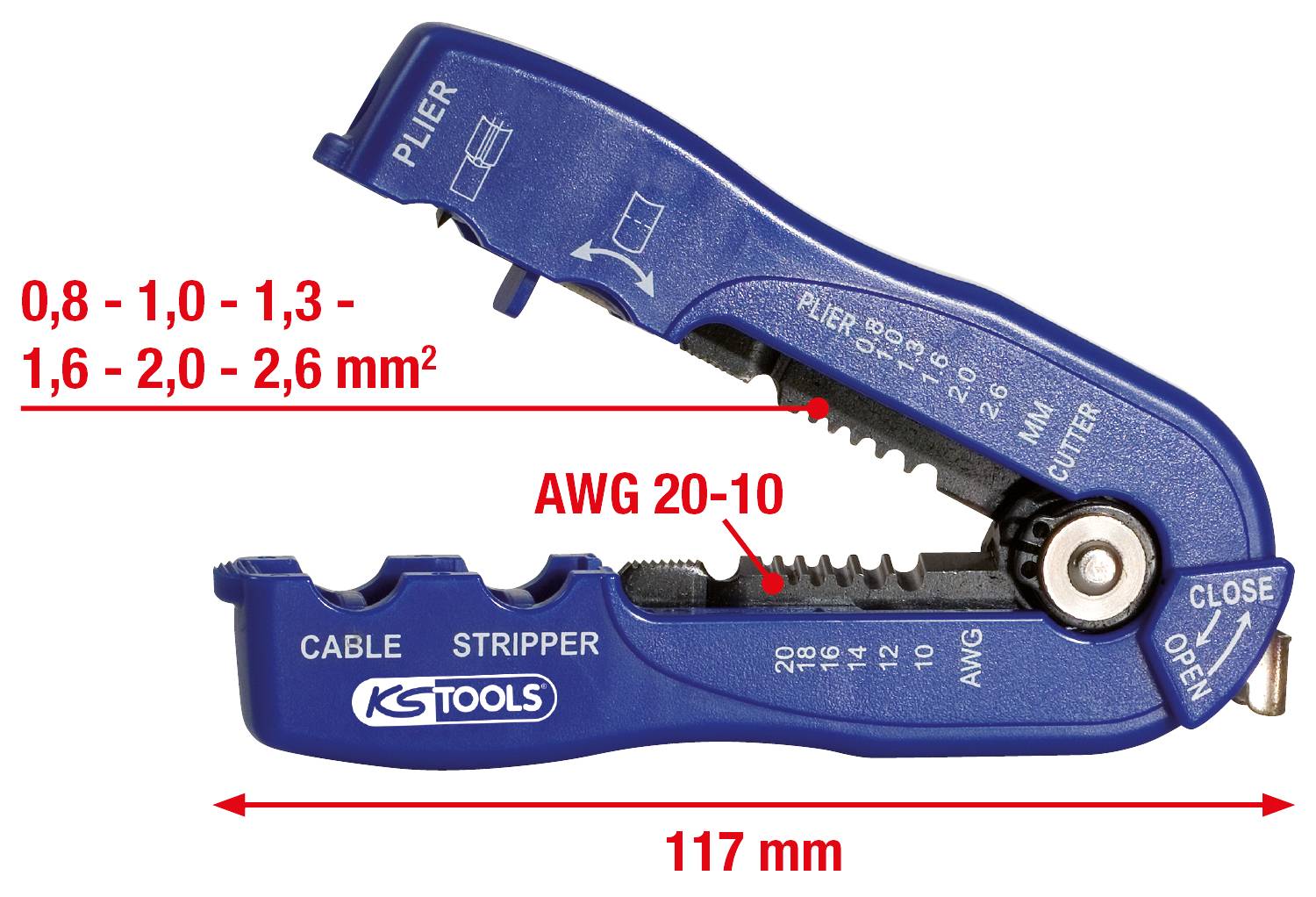 Blue wire stripper with markings for various wire sizes from 0.8 to 2.6 mm². Device is 117 mm long.