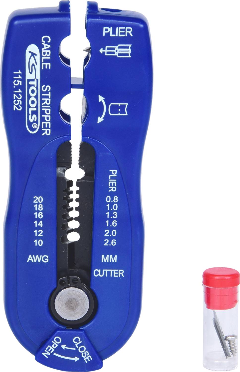 Blue cable stripper with scale and blade, with a small bottle with a red lid containing screws placed to its right.