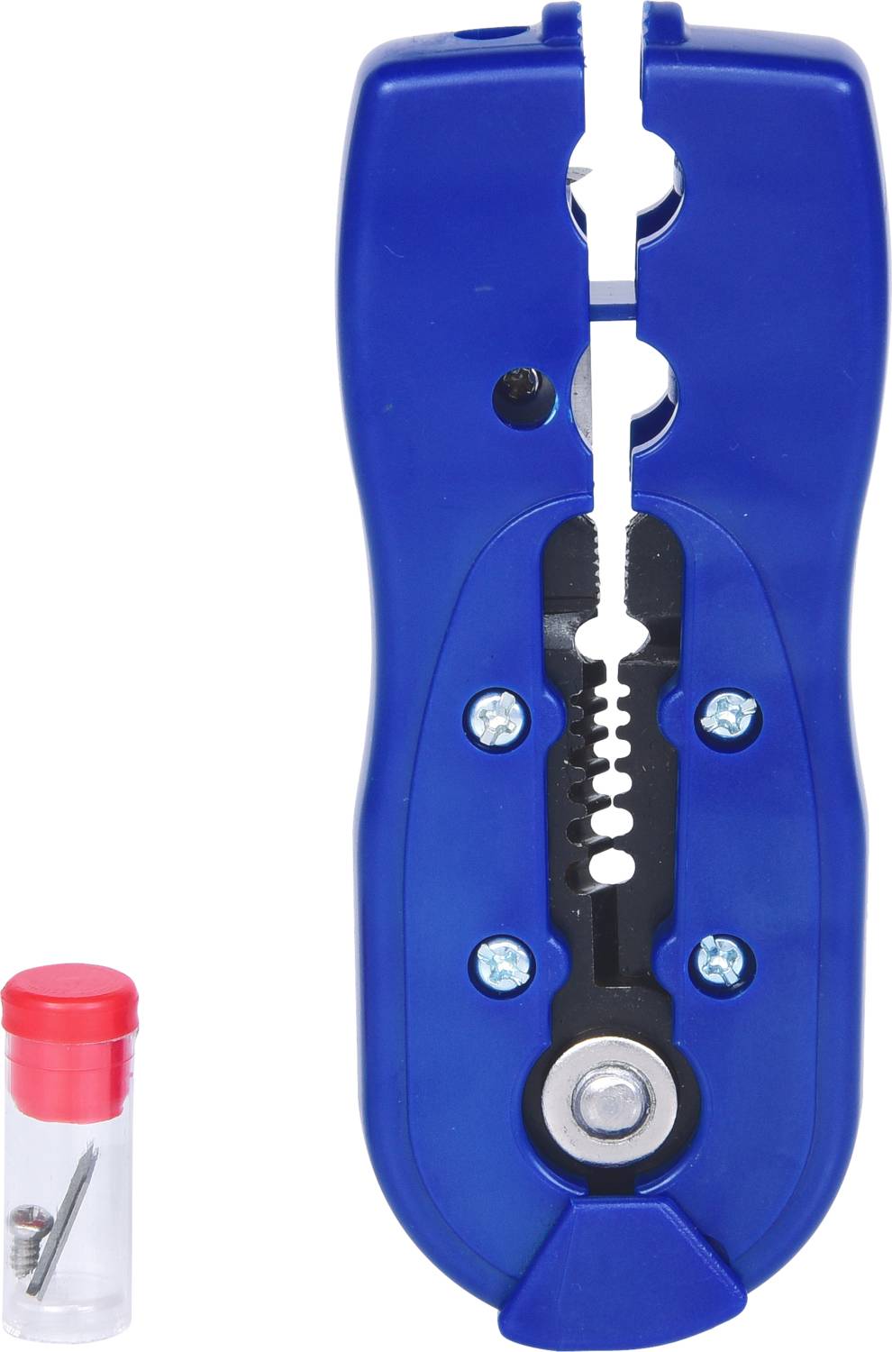 Blue cable stripping tool with a blade in the centre and three visible screws. Beside it, a small tube with a red lid.