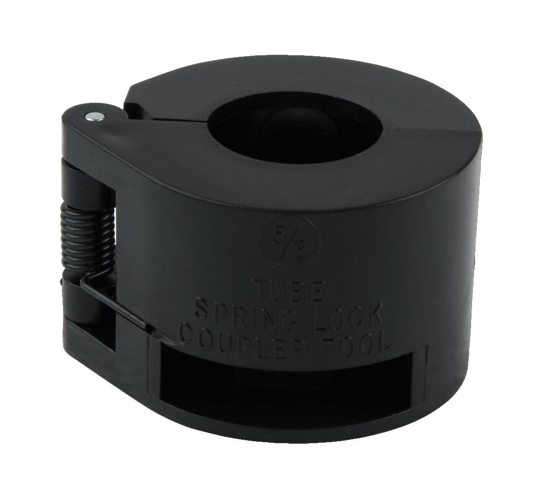 Black plastic tool for unlocking pipe connections. Includes spring-loaded mechanism for precise handling.