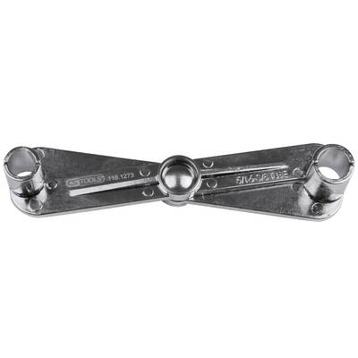 A silver multi-purpose tool for plumbers with two circular openings at the ends, by the brand KS TOOLS.