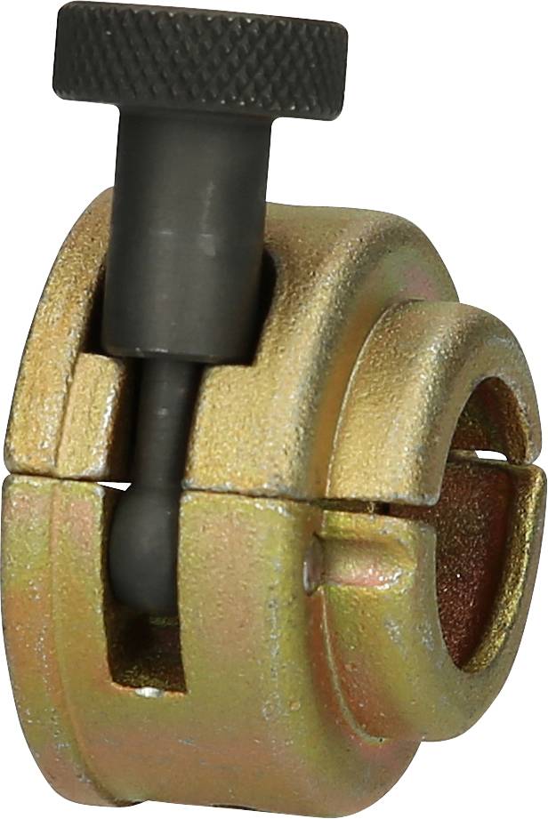 A metallic tube holder in golden colour with a black screw for securing hoses or cables.