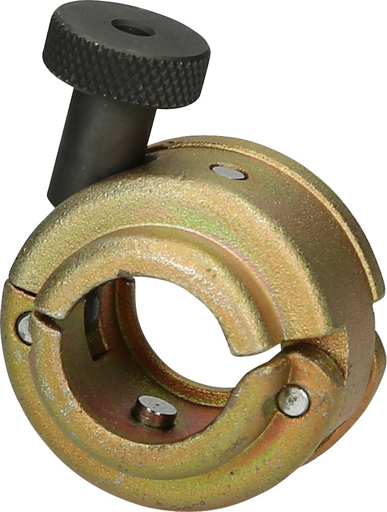 A gold-coloured metal pipe clip with a black securing screw. It is used to firmly hold pipes in place.