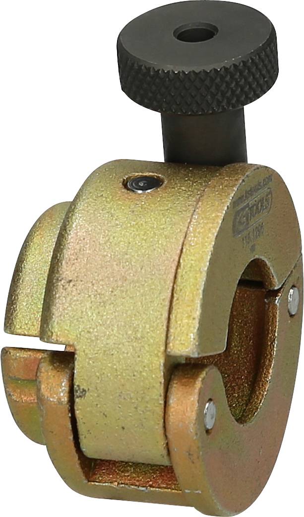 Metal pipe cutting clamp with screw, used for securely holding and cutting pipes, typically employed in industrial settings.