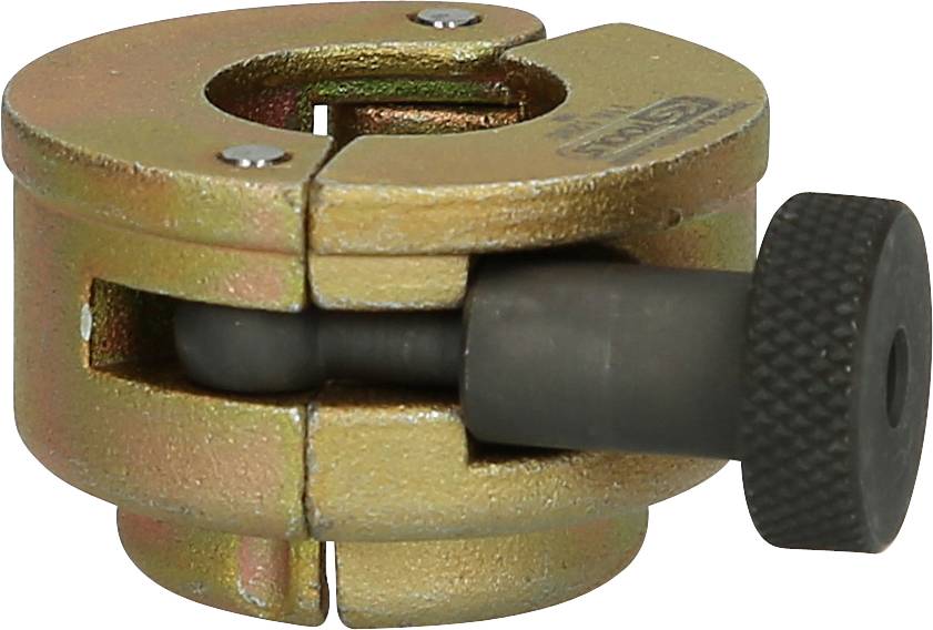Metal pipe cutter with a circular housing and rotatable handle, suitable for precise cutting of pipes in various sizes.