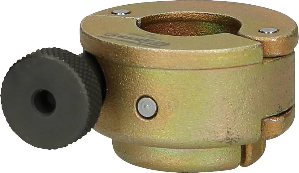 Metal pipe clamp with rotary screw and screw cap, suitable for securing pipes or similar cylindrical objects.