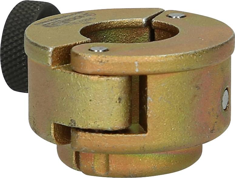Brass-coloured metal clip with a black screw, used for fastening or connecting devices or cables.