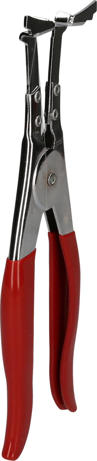 Pliers with a red handle and silver tip, used for gripping or cutting wires and other materials.