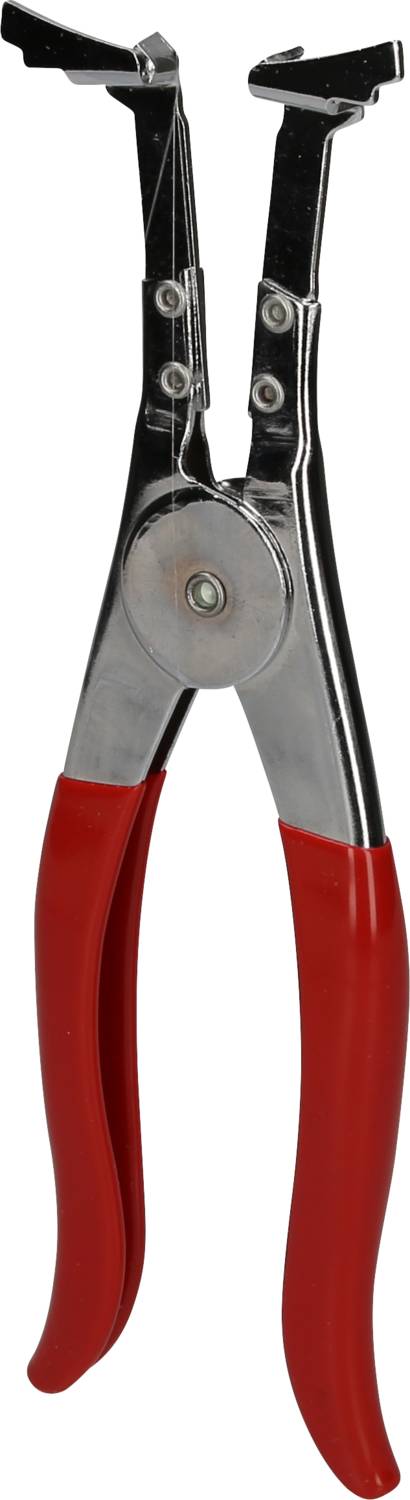 Pliers with red handles, likely a specialist tool for securing or releasing clips or fastenings.