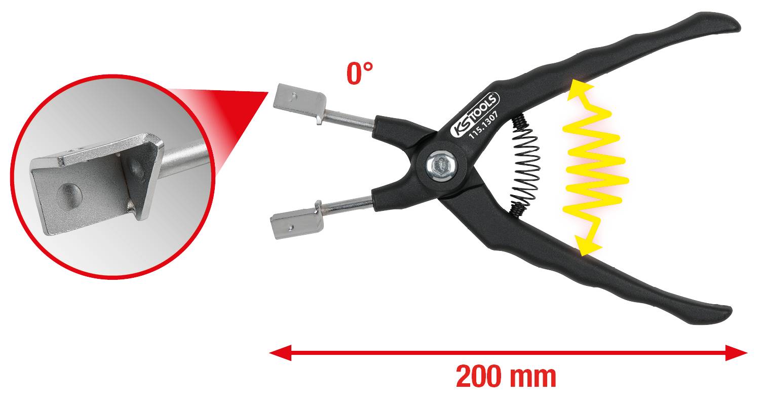 A black pair of pliers with a yellow wavy symbol representing movement. Close-up of a metal part on the left. Length 200 mm.