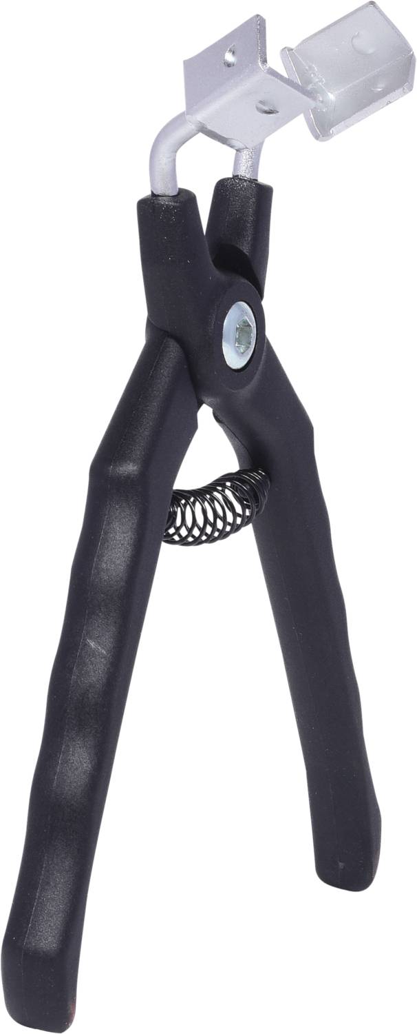 Black pliers with spring mechanism and adjustable metal attachment on top. Suitable for precise gripping and holding of objects.