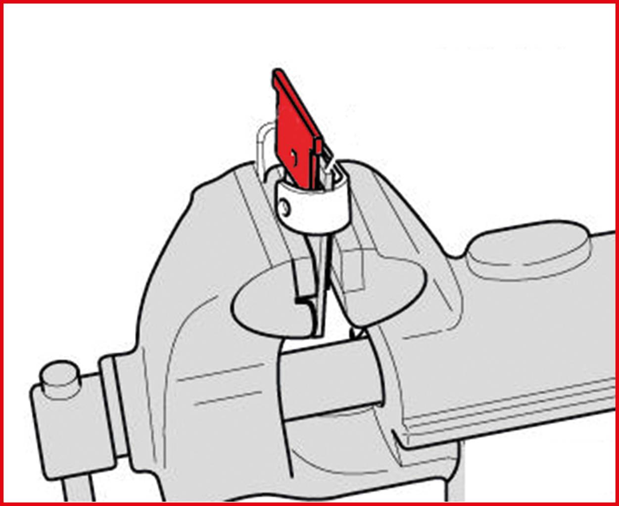 A bolt cutter clamped in a vice is cutting through a red padlock.