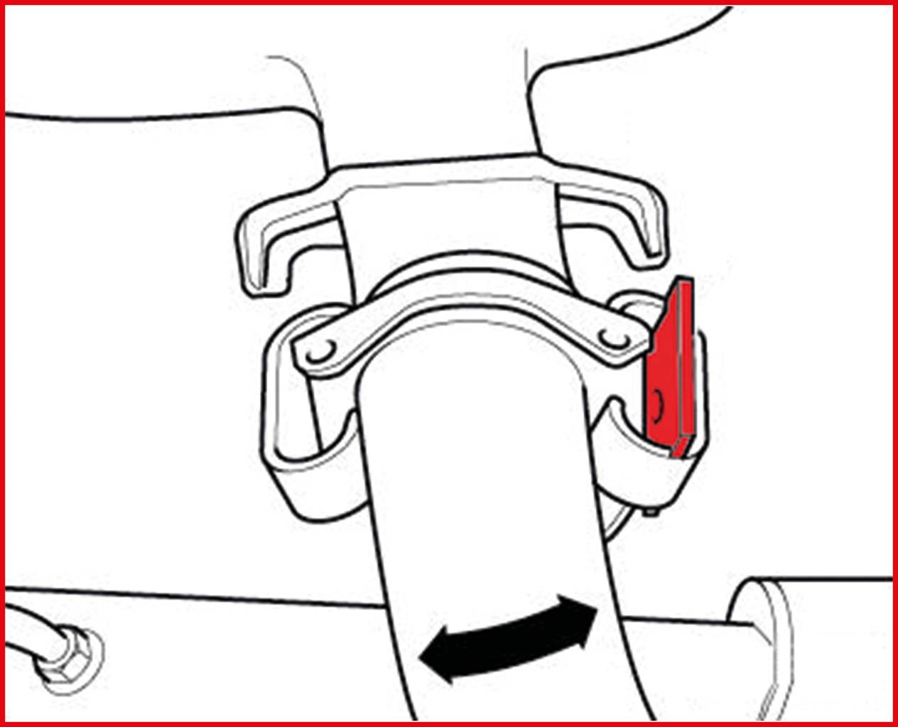 Sketch of a pipe with a mounted clamp; a red element stands out on the clamp. An arrow points left and right.