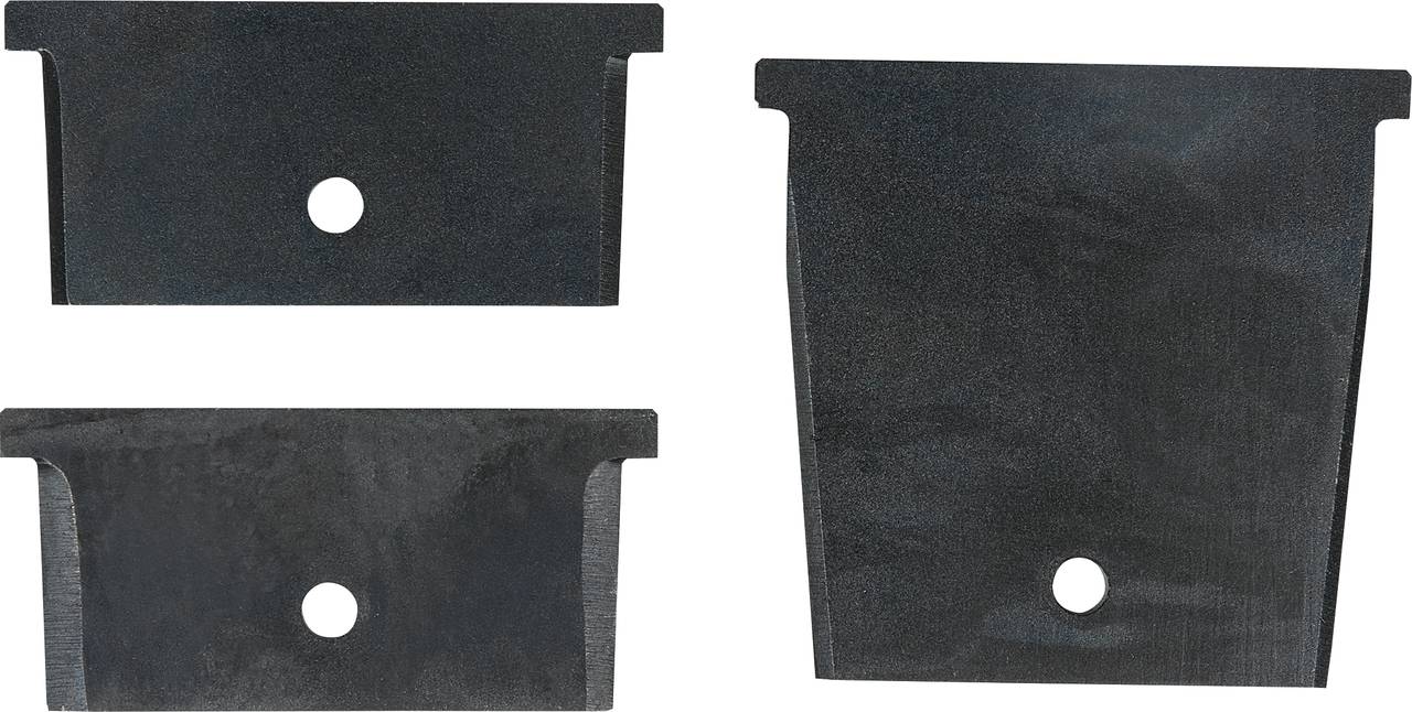 Three black scraper blades in different sizes, each with a central hole for mounting.