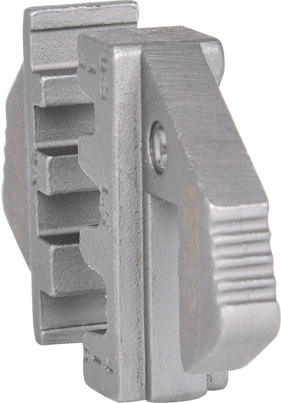 Metal handle in the shape of an L-shaped lever, mounted on a toothed structure, side perspective view.