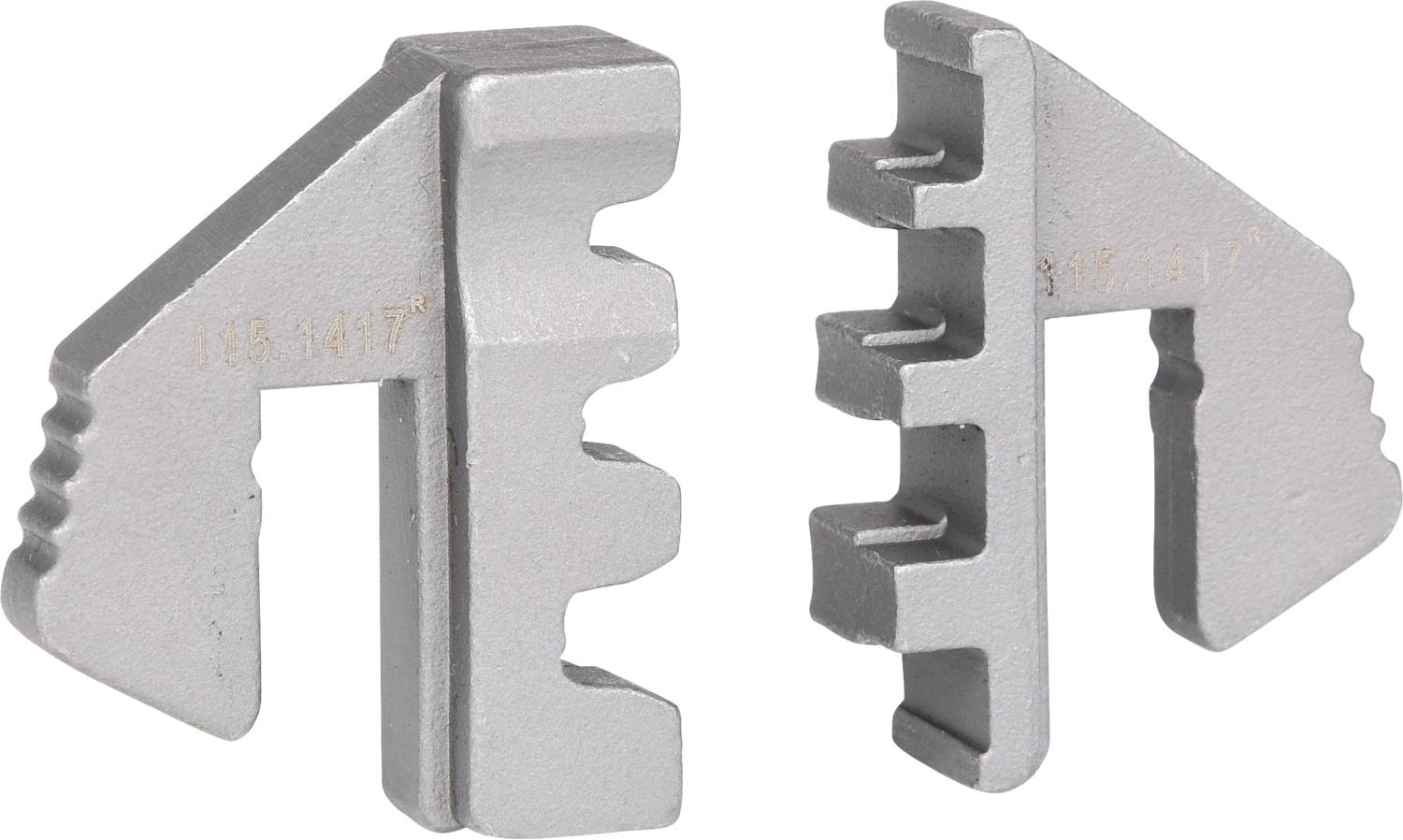 Two metal brackets with serrated inner surfaces, made of silver-coloured metal. They are rotated 90 degrees relative to each other and have a robust construction.