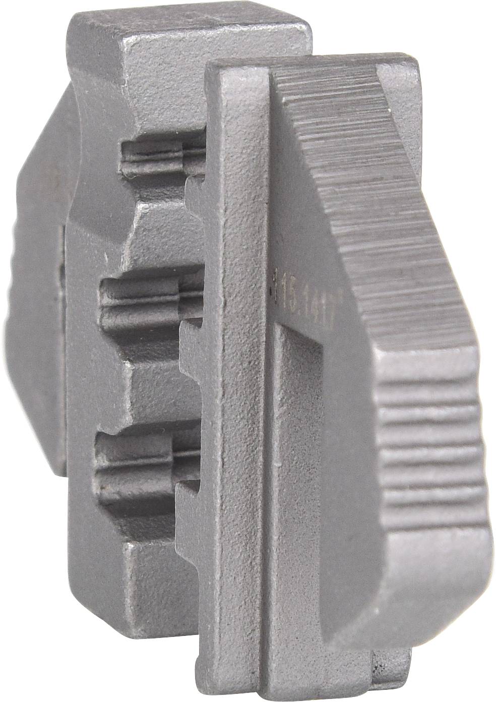 A silver metallic piece with serrated edges and multiple rectangular recesses, designed for industrial applications.