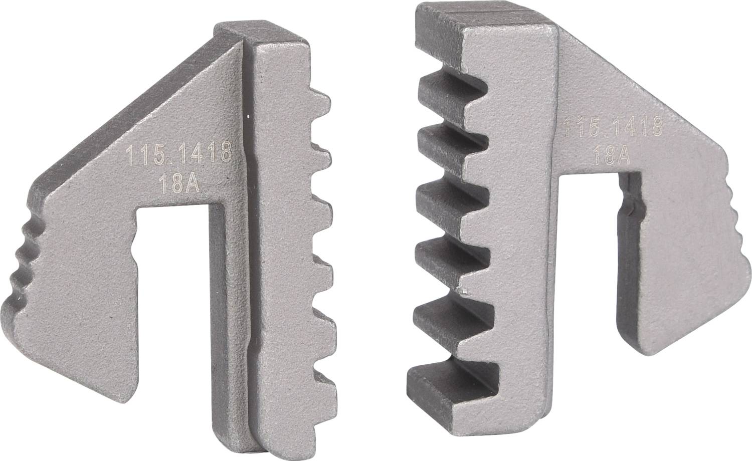 Two metallic objects with serrated edges. They are similarly shaped and stand vertically, positioned pointing outwards to the right.