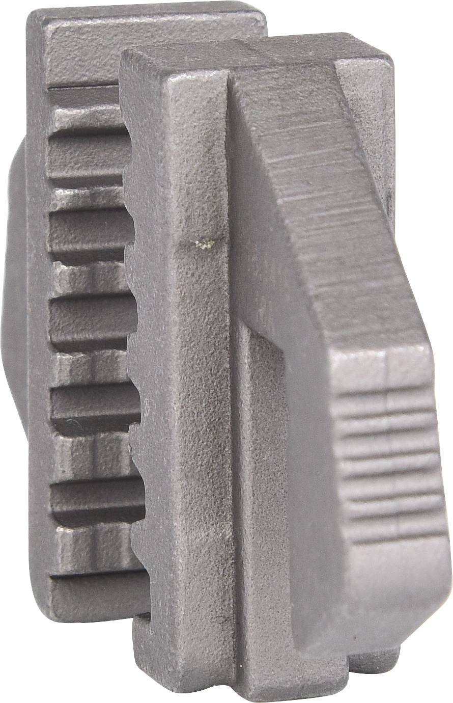 Metallic gear wheel with vertical, uniform teeth.
