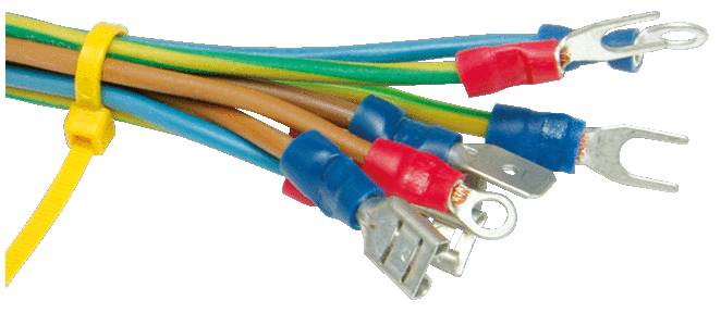 Several colourful cables with metal connectors, bound together with a yellow cable tie, used for electrical connections.