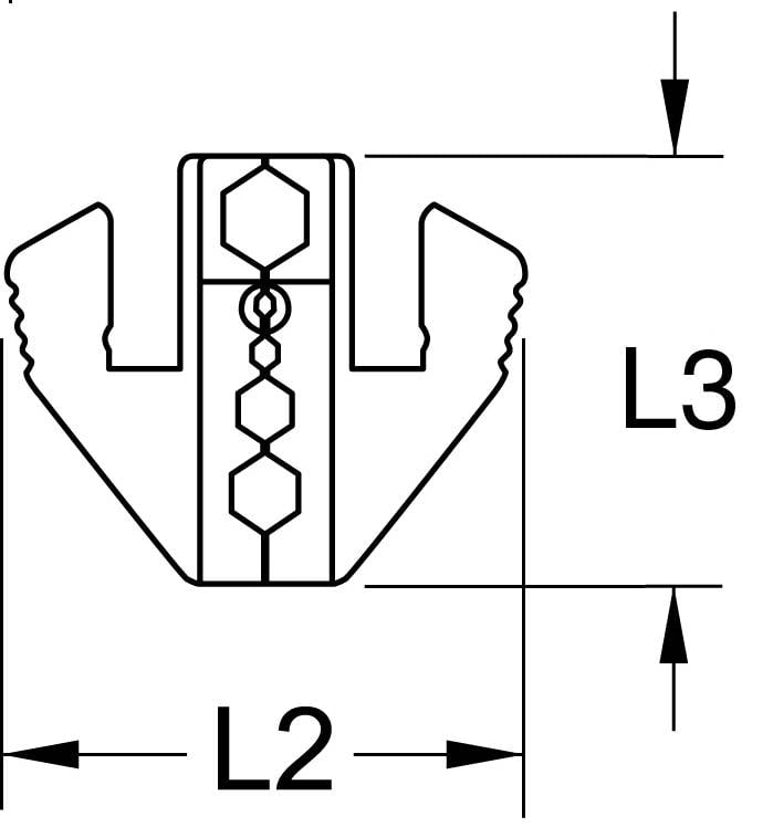 Technical drawing of a component with dimensions L2 and L3, showing a cross-section with hexagonal and octagonal recesses.
