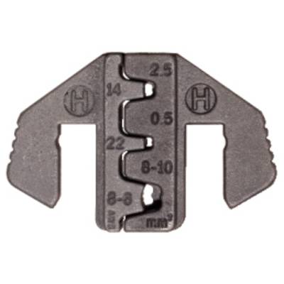 Metal flat connector insulation stripper with various cable channel sizes.