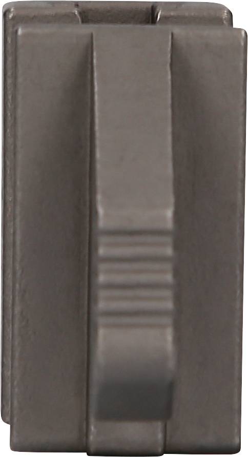 A grey, metallic-looking rectangular clip in vertical orientation.