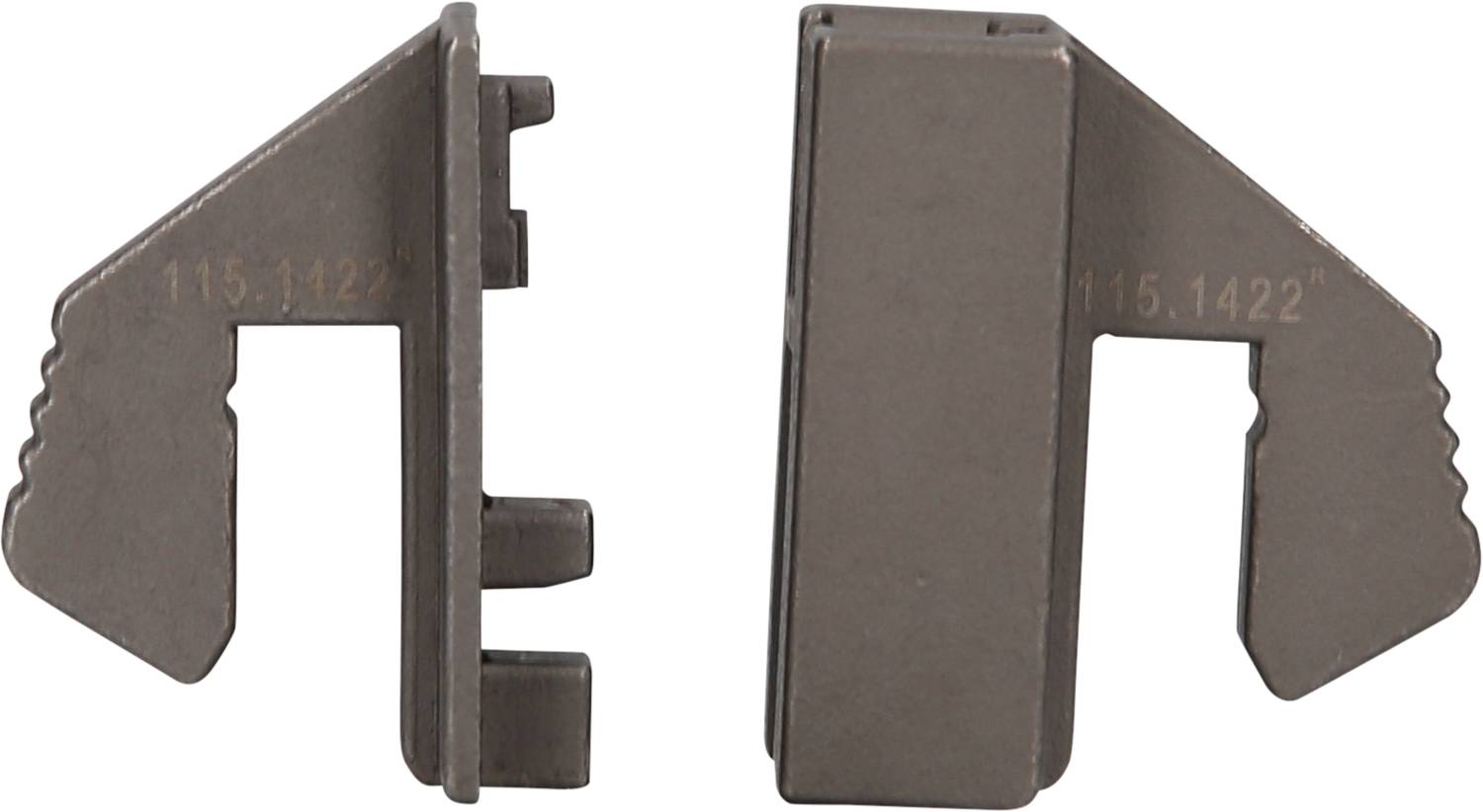 Two metal parts with serrated edges and notches are positioned opposite each other. On the right are markings with '115-1422"'.