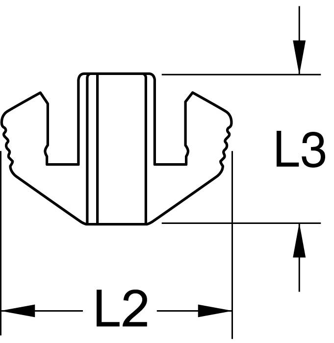 'Technical drawing of a clip with vertical length L3 and horizontal length L2, showing the dimensions and shape of the clip.'